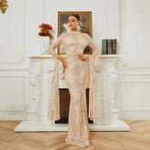 High End Long Sequined Long Sleeve Round Neck Cocktail Evening Dress Bridesmaid Dress